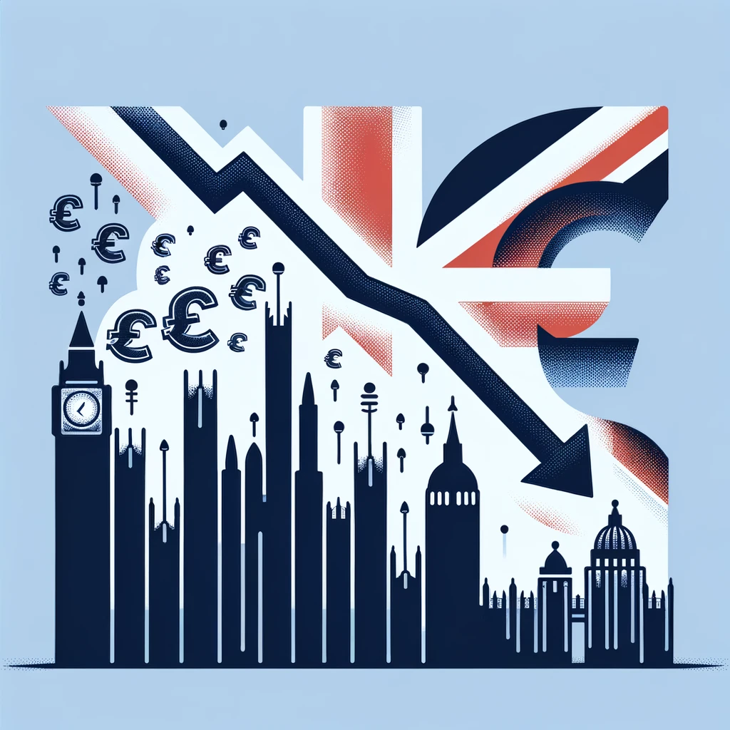 Digital image of London's famous landmarks in front of a background displaying a graph pointing down and the Union Jack to support UK recession article