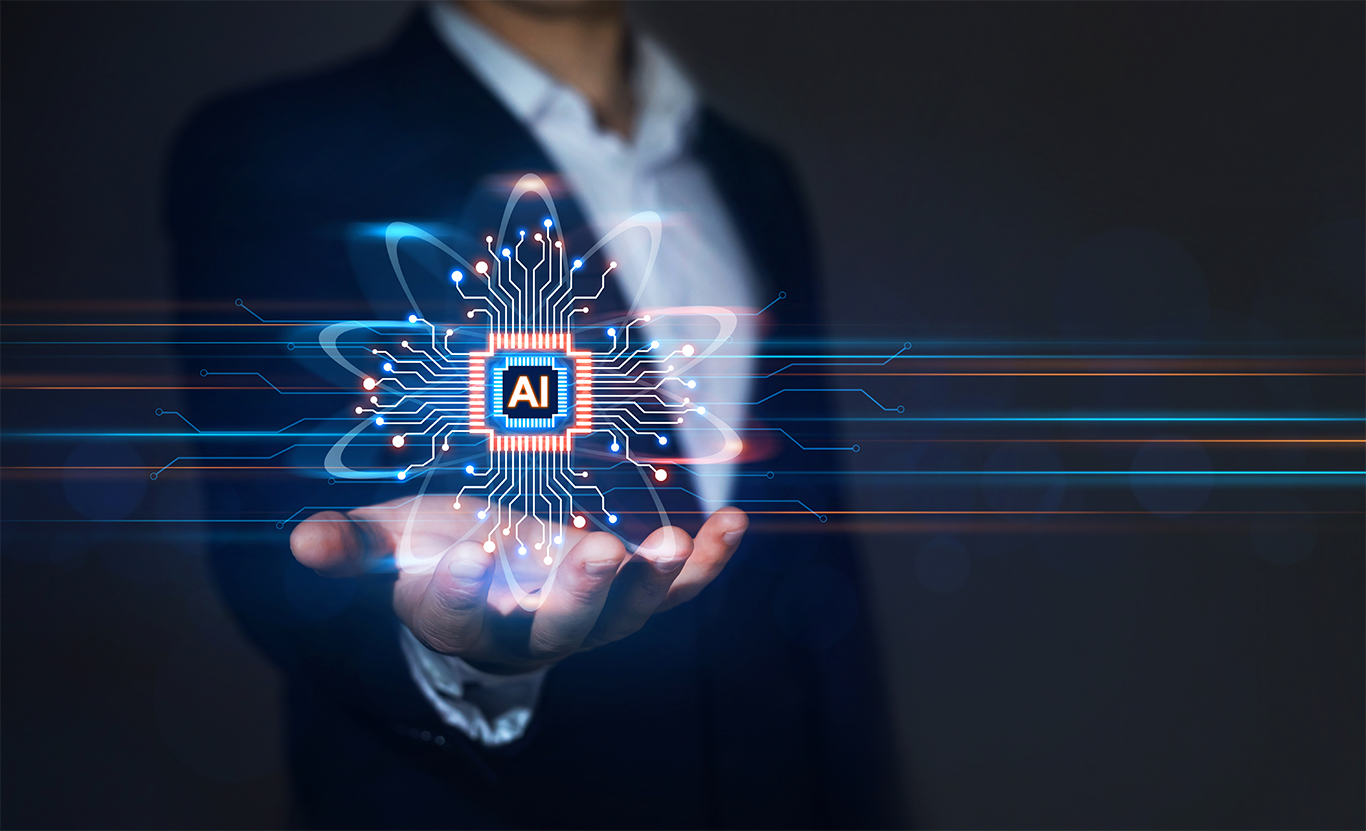 Man in suit holding his hand out with 'AI' written inside it to support AI in business article