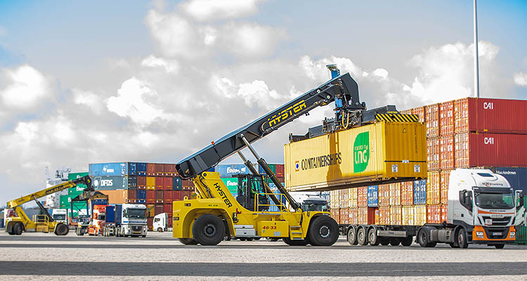 Forklift handling cargo container