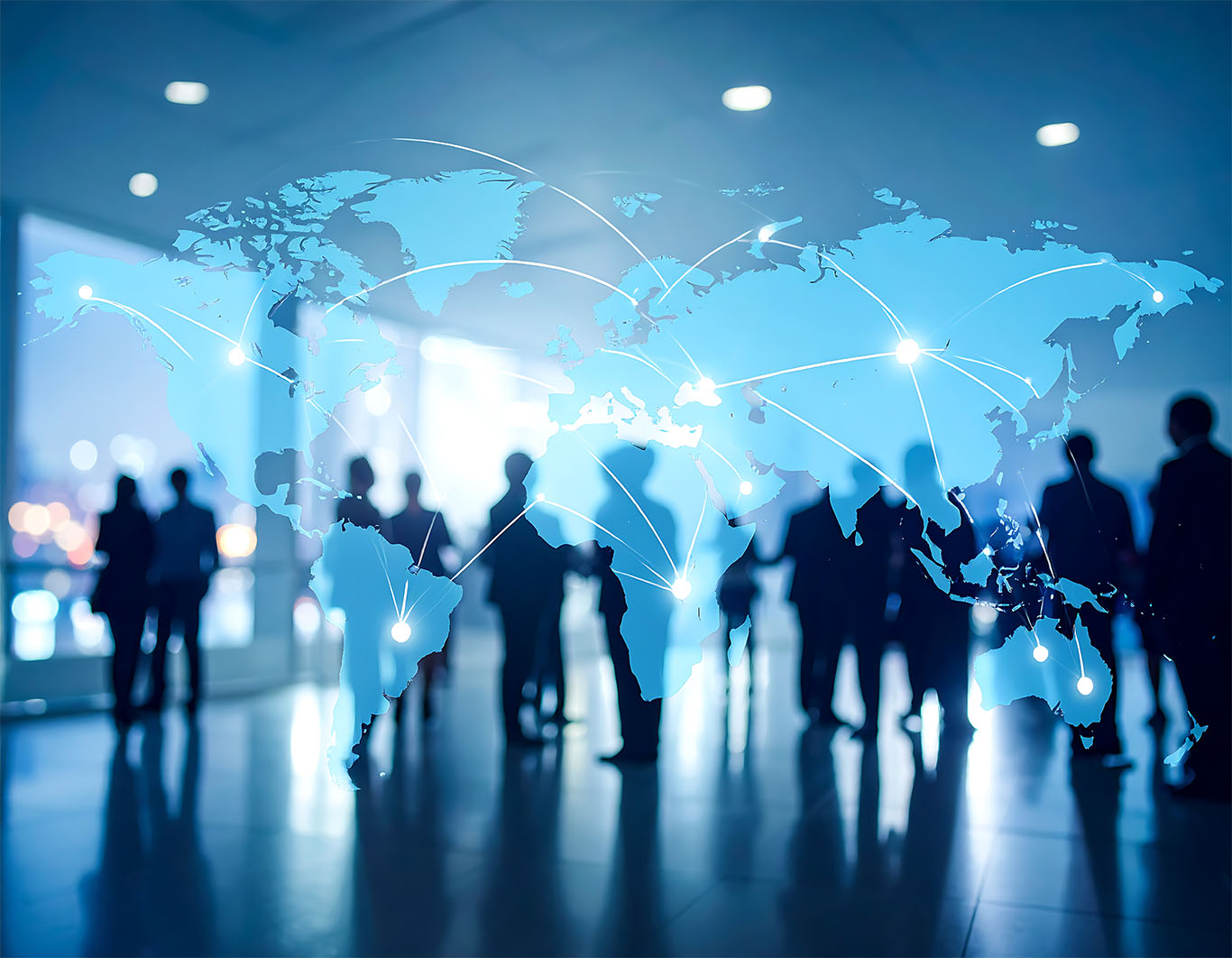 Modern Leadership graphic with silhouettes of people overlaying global map to support JPMorgan Chase CEO article