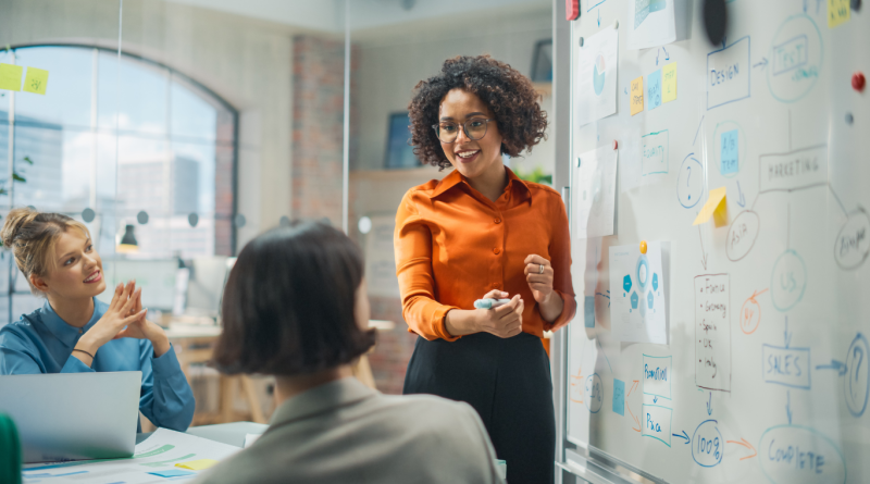 A good manager presenting to a team during a strategy meeting, demonstrating key qualities of a good manager like communication and leadership.