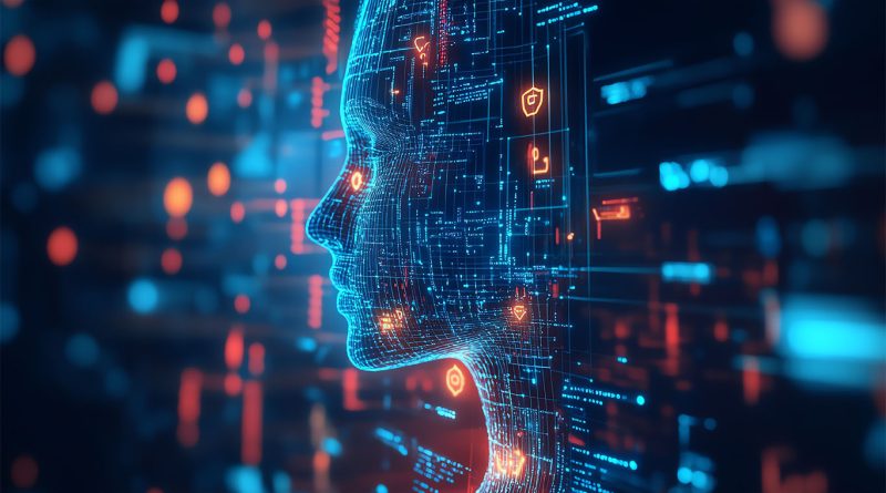 Digital image of a face within links and lights to support AI job replacement article