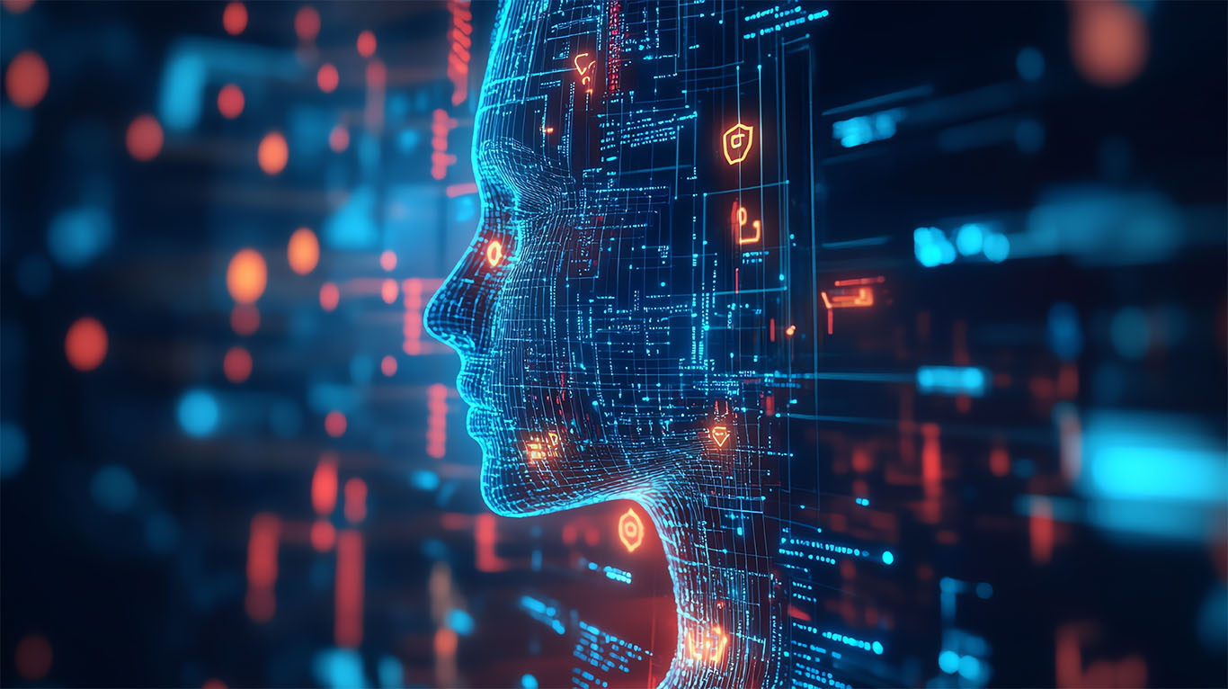 Digital image of a face within links and lights to support AI job replacement article