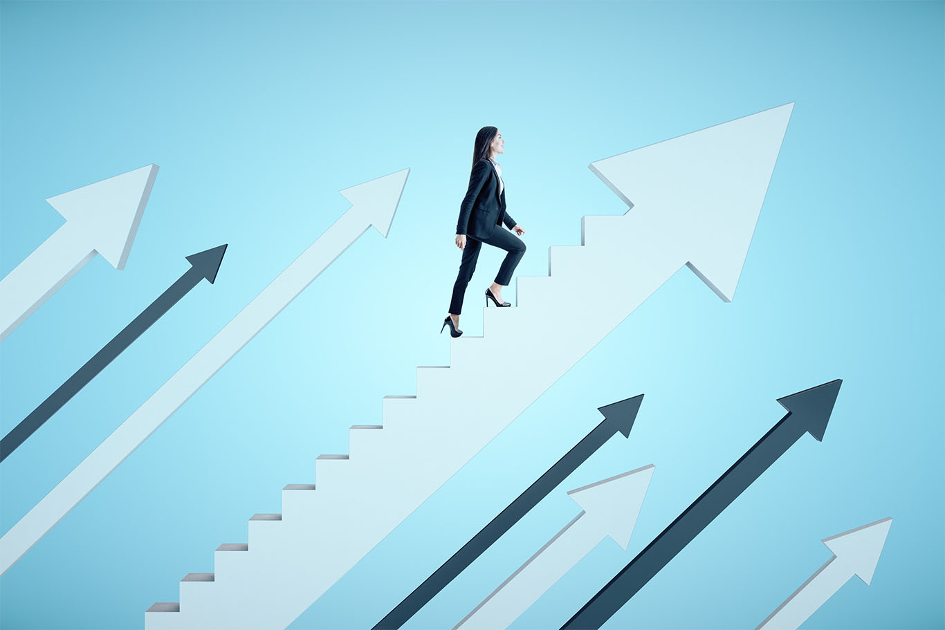 Business woman climbing up stairs made of upwards pointing arrows to support job-hopping article