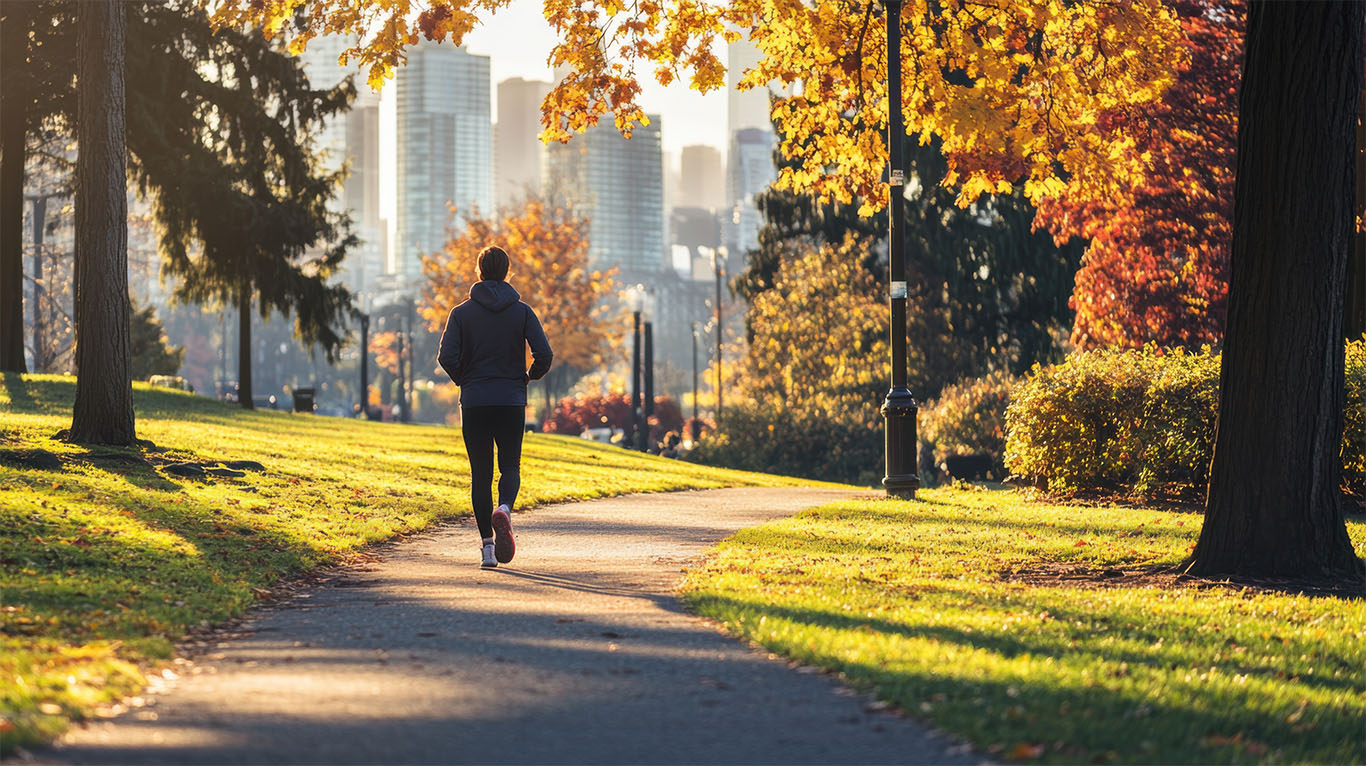 Person walking along a sunlit park path surrounded by autumn trees with a city skyline in the background