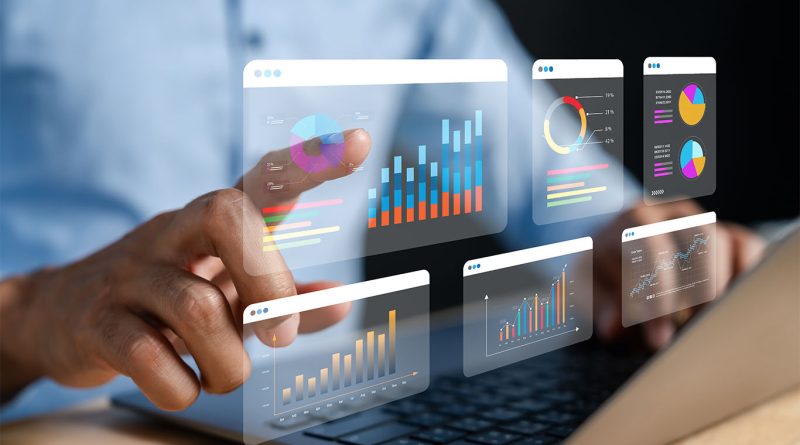 Business intelligence dashboard on a laptop screen with data visuals and AI icons