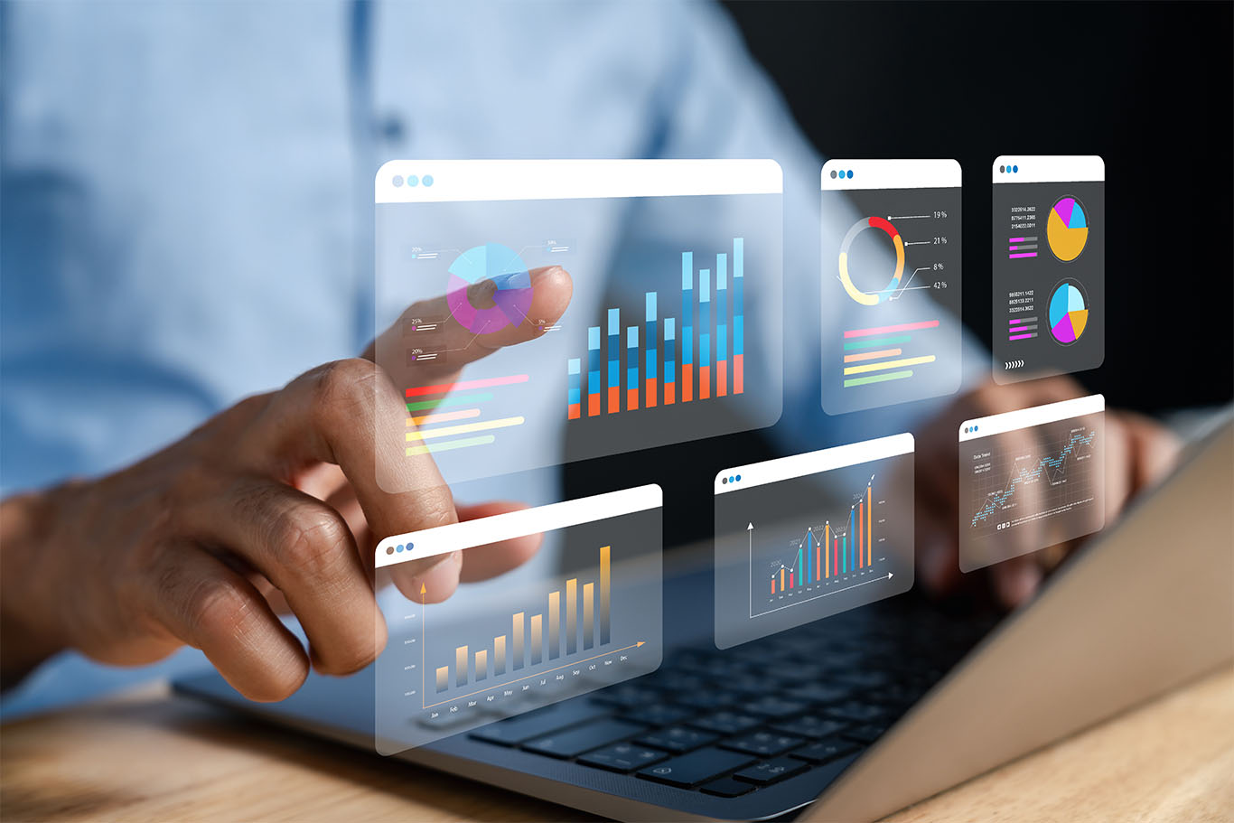 Business intelligence dashboard on a laptop screen with data visuals and AI icons