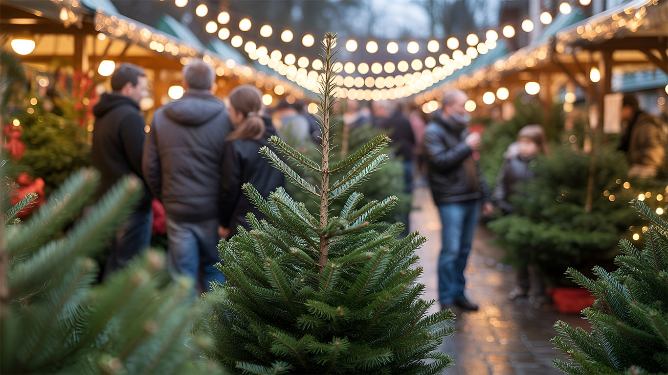 Christmas tree seller in New York talking with customers about tree quality and holiday traditions