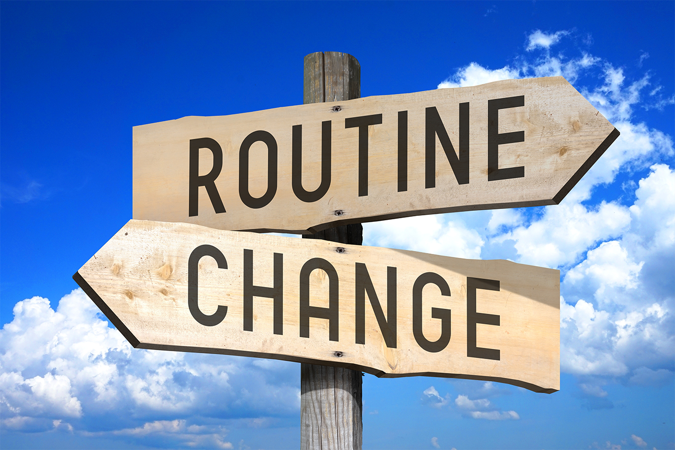 Wooden signpost with two arrow signs reading “ROUTINE” (pointing right) and “CHANGE” (pointing left) against a bright blue sky with clouds.