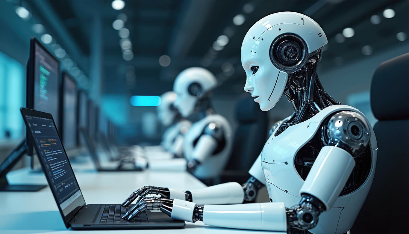 Humanoid robots sit at a row of computer workstations in a modern office, with one robot typing on a laptop in the foreground.