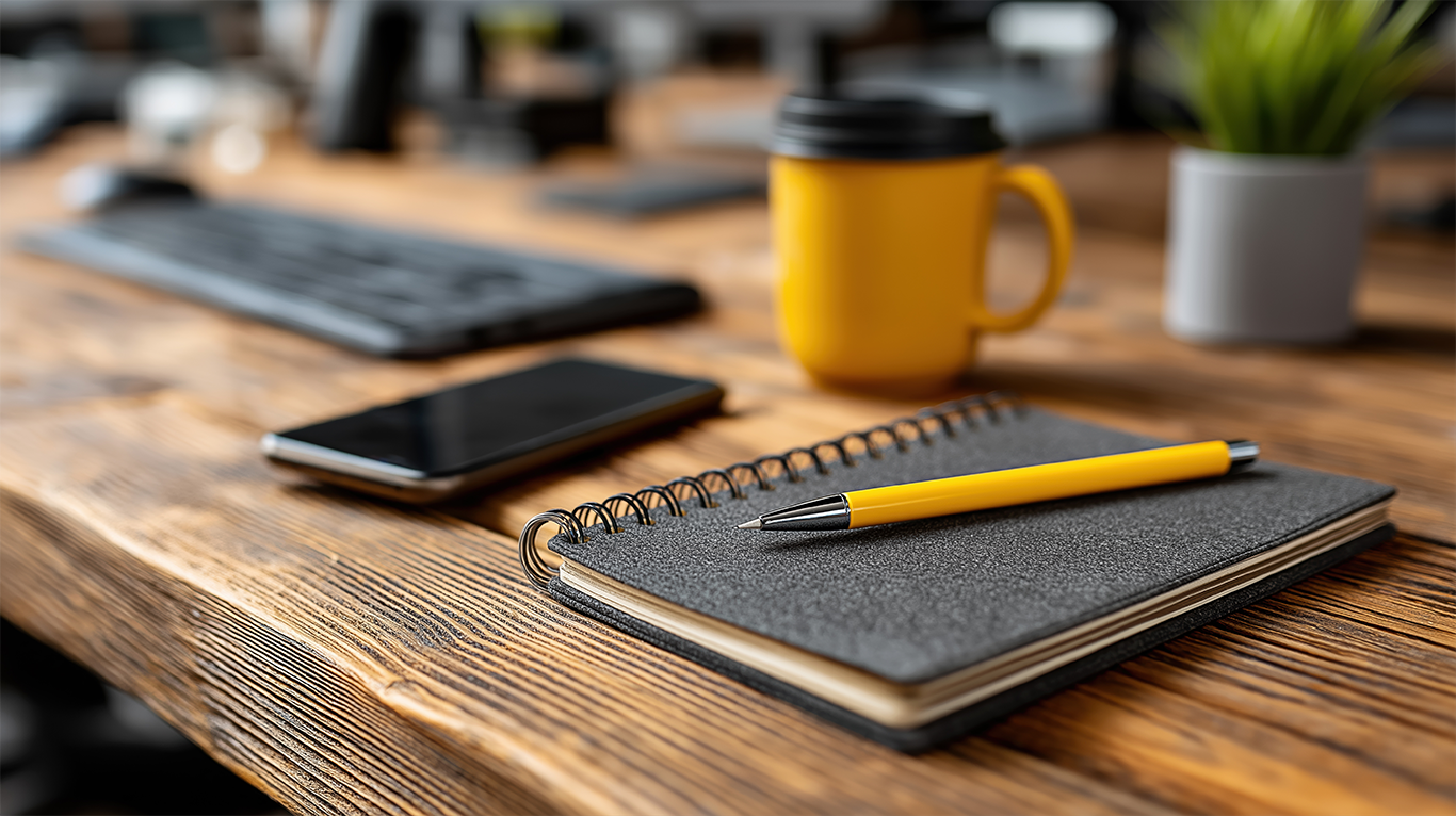A workspace with a notebook, yellow pen, smartphone, coffee mug, and keyboard, symbolizing daily planning and productivity