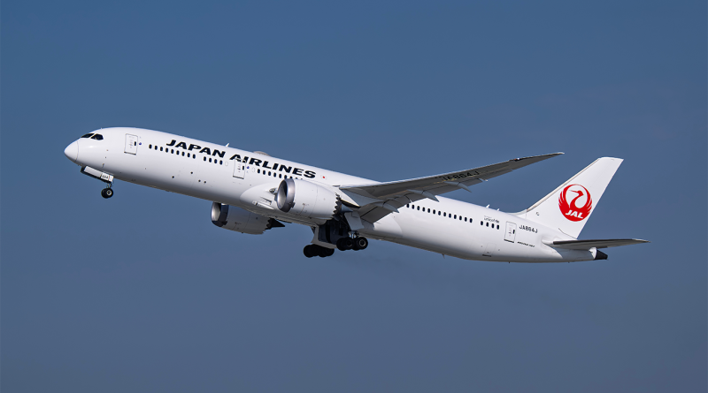 Japan Airlines Boeing 787 aircraft taking off against a clear blue sky